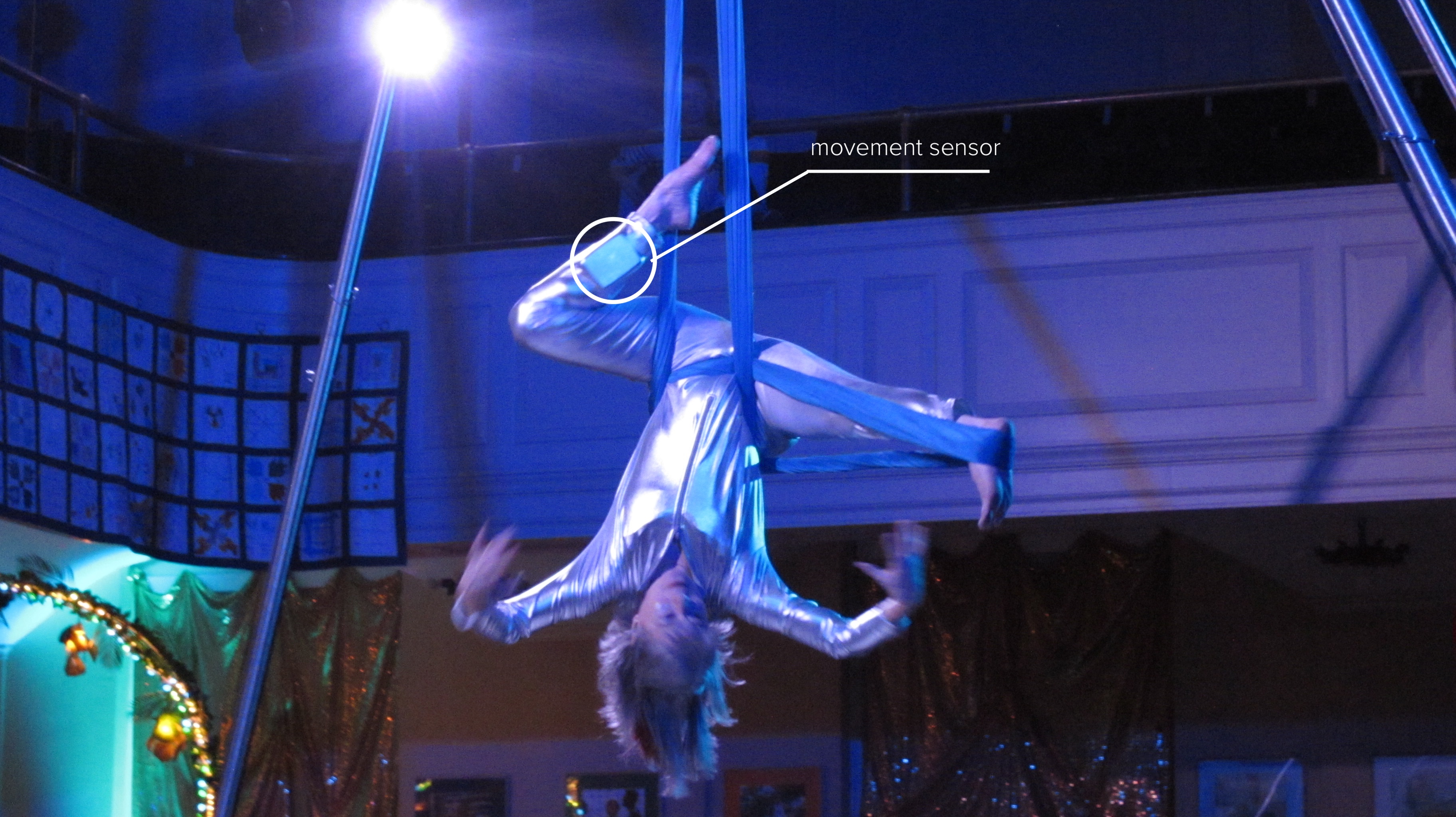 A photograph showing the location of arduino sensor on a dancer's leg under their jumpsuit.